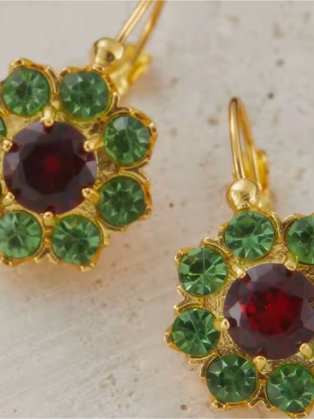 NEW Gold-Tone Floral Drop Earrings with Green and Red Stones
